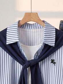 SHEIN 青少年女孩襯衫與披肩套裝，極簡風格，藍色細條紋長袖立領鈕扣襯衫，印花設計，適合日常上學與休閒戶外穿著 - 彩色 - 查看 5