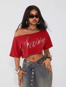 Vadaroq Women's Summer Vintage Y2K Streetwear Going Out Sport Casual Graphic Off Shoulder Slouchy Cropped Rhinestone Red T-Shirt - Red - View 5