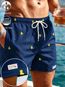 VIVINTIMO Plus Size Men's Cartoon Duck Print Slant Pocket Beach Shorts, Holiday - Navy Blue - View 1