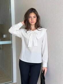 SHEIN 兒童青少年女孩春秋彼得潘領 3D 蝴蝶結長袖寬鬆白色襯衫上衣 百搭清新學院風小眾法式荷葉邊開學校服童裝秋冬套裝 - 白色 - 查看 9