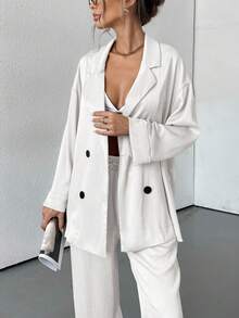 Aveloria Modichic 優雅商務休閒女款秋季兩件套，紋理鈕扣襯衫配寬腿長褲 - 白色 - 查看 6