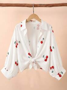 SHEIN Tween Girl White Collar Drop-Shoulder Cherry Pattern Sleeve Shirt, College Style Design, Versatile, Suitable For School Daily Wear, Spring And Summer - White - View 5