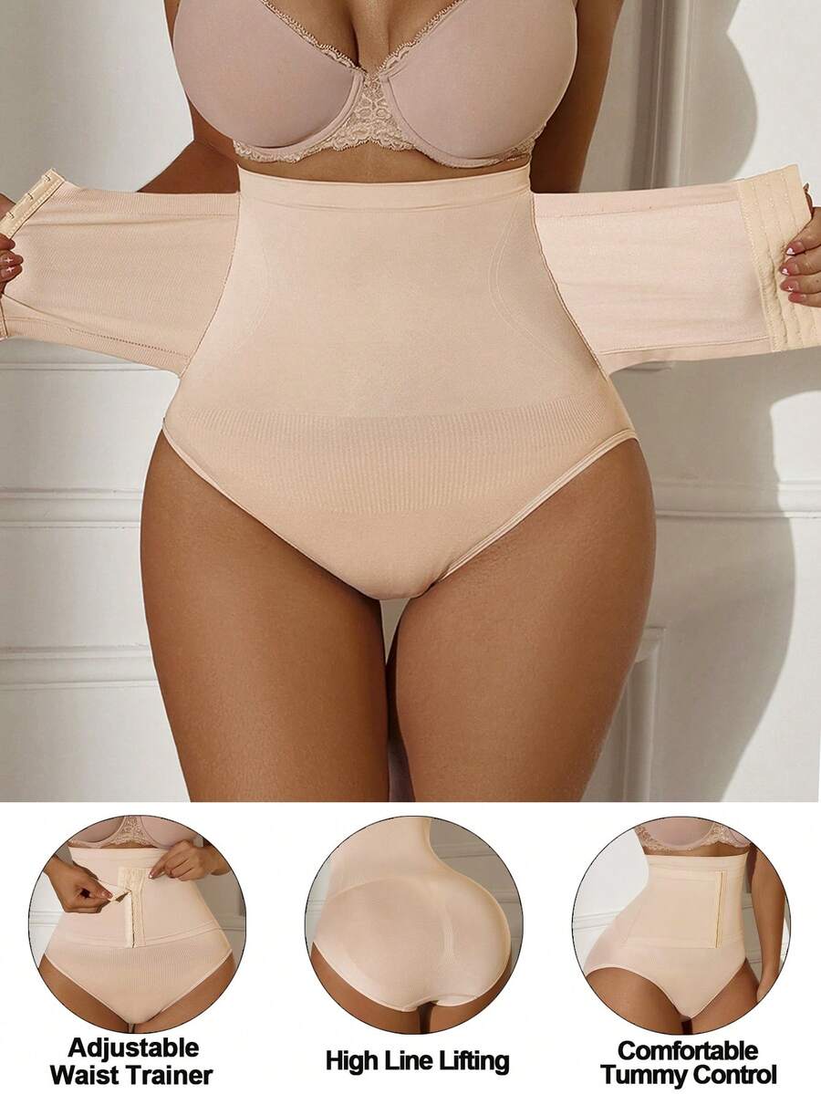 SHEIN 1件無縫高腰收腹提臀塑形內褲,前開扣設計 - 杏色 - 查看 1
