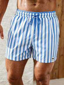 Manfinity KASUA Men's Color Block Striped Drawstring Waist Fashion Beach Shorts, Holiday - Baby Blue - View 7