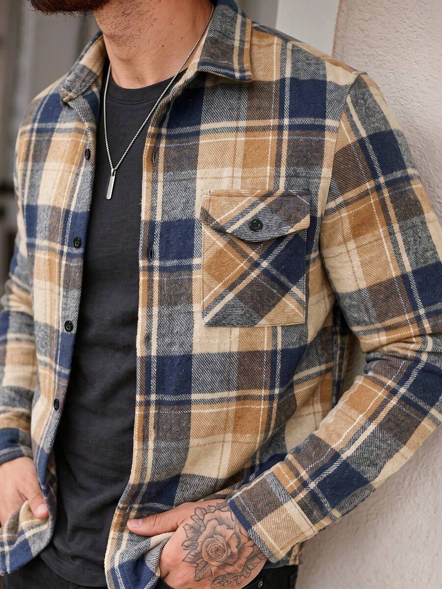 Manfinity Homme 男士格紋單排扣休閒百搭日常長袖襯衫 - 彩色 - 查看 1