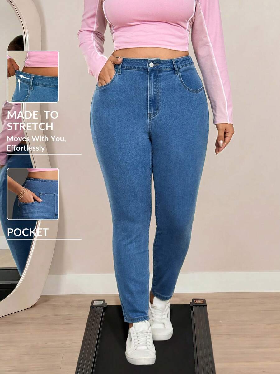 SHEIN ICON 大尺碼女款口袋修身百搭休閒牛仔褲 - 深色水洗藍 - 查看 1