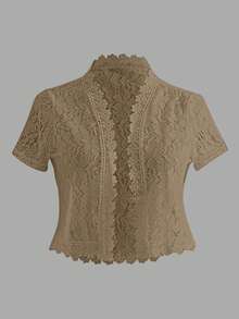 EMERY ROSE Ladies' Summer Solid Color Lace Patchwork Casual Open Front Jacket For Holiday Party Clothes - Mocha Brown - View 1