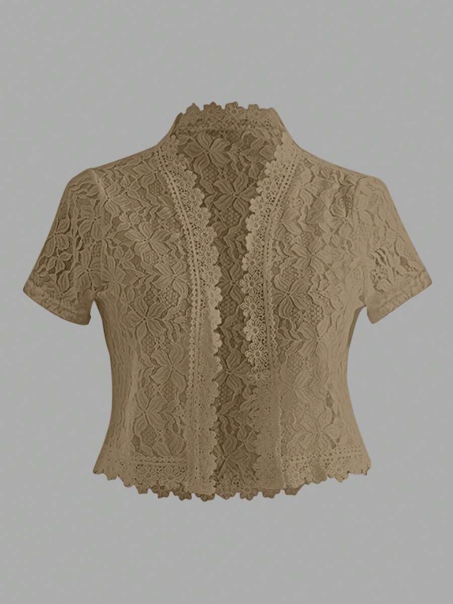 EMERY ROSE Ladies' Summer Solid Color Lace Patchwork Casual Open Front Jacket For Holiday Party Clothes - Mocha Brown - View 1