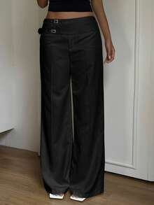 SHEIN EZwear 女款時尚百搭休閒優雅高質感黑色高腰寬腿長褲，工裝褲，適合晚餐、餐廳、辦公室、秋季 - 黑色 - 查看 6