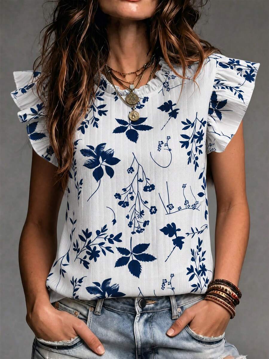 SHEIN 高領荷葉邊花卉襯衫,飄逸袖,適合度假與日常穿著 - 白色 - 查看 1