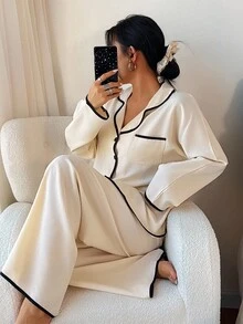 SHEIN 女士撞色翻领宽松长袖睡衣套装，秋冬睡衣套装，女士睡衣套装 - 彩色 - 查看 1