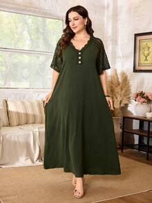 Lacomfia Plus Size Women's V-Neck Lace Trim Embellished Button Decor, 3D Water-Soluble Embroidery Hollow Out Cold Shoulder Short Sleeve Loose Full Skirt Vacation Spring Summer Dress - Army Green - View 3