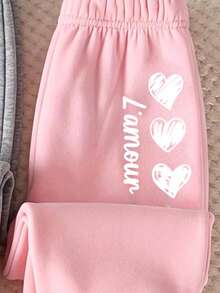 (1 Pc Random) Girls' Fresh Minimalist Daily Line Heart Letter Slogan Print Pattern Basic Sweatpants Pink Grey Black - Multicolor - View 5