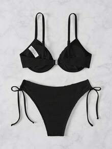 SHEIN Swim 2026春夏黑色特殊面料細肩帶鋼圈聚攏胸部蝴蝶結休閒度假風側抽繩綁帶高衩比基尼兩件套女款 - 黑色 - 查看 3