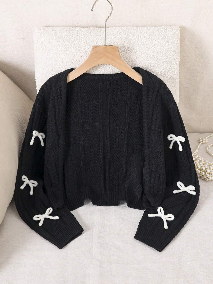 SHEIN Elladie kids Tween女孩黑色時尚休閒可愛舒適柔軟極簡百搭優雅3D蝴蝶結長袖短版針織開襟毛衣,適合日常穿著、外出、學校、玩耍、戶外、派對,秋冬款 - 黑色 - 查看 1