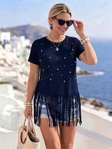 GlowEve CURVE Plus Size Versatile Casual Heavy Beaded Tassel Short Sleeve T-Shirt - Navy Blue - View 3