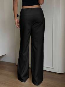 SHEIN EZwear 女款時尚百搭休閒優雅高質感黑色高腰寬腿長褲，工裝褲，適合晚餐、餐廳、辦公室、秋季 - 黑色 - 查看 2