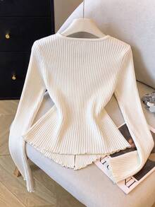 Resyla Suéter de punto acanalado suave y ajustado, versátil, nuevo y de gran para mujer en otoño/invierno - Blanco - Ver 2