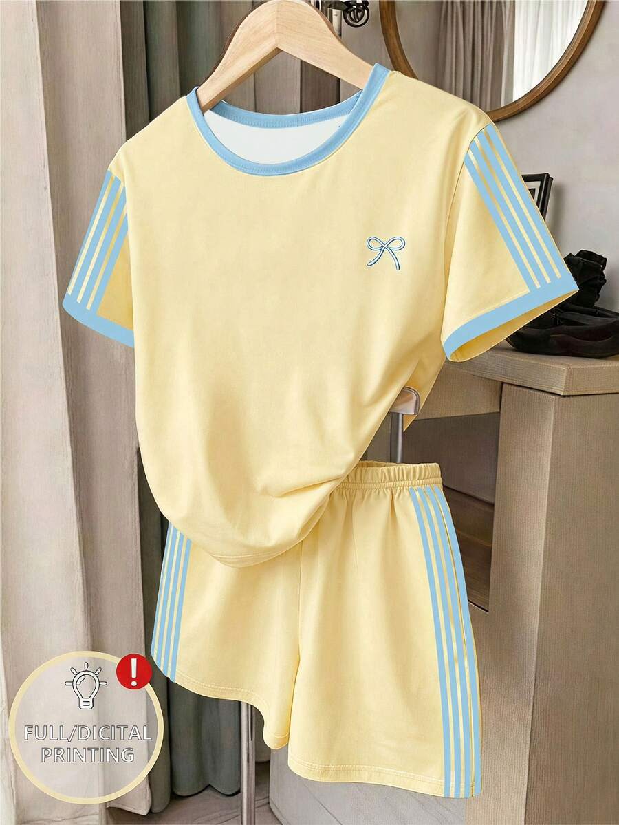 SHEIN Tween Girls Digital Striped Bow Pattern Short Sleeve & Shorts Set, Spring/Summer Casual Comfortable Fashion, Versatile Summer Outfit For Outdoor Sports, Picnic, Street Photography, Home, School, Holiday, Gift, Daily Wear - Multicolor - View 1