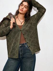 Nubod Fashionable New Army Green Hollow Design Knit Cardigan Women's Autumn Lightweight Outerwear V-Neck Plus Size Cardigan Formal Vacation Casual Bohemian - Army Green - View 8