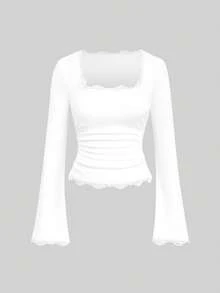 Sweetra Fashion Square Neck Contrast Lace Flared Long Sleeve Elastic Knit Top T-Shirt Fall - Multicolor - View 6