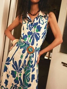 SHEIN Elegant French Style Women's Vacation Dress, Sleeveless Woven Adjustable Waist Belt Slimming, Simple Shirt Collar Cardigan, Vintage Floral - Cadet Blue - View 6