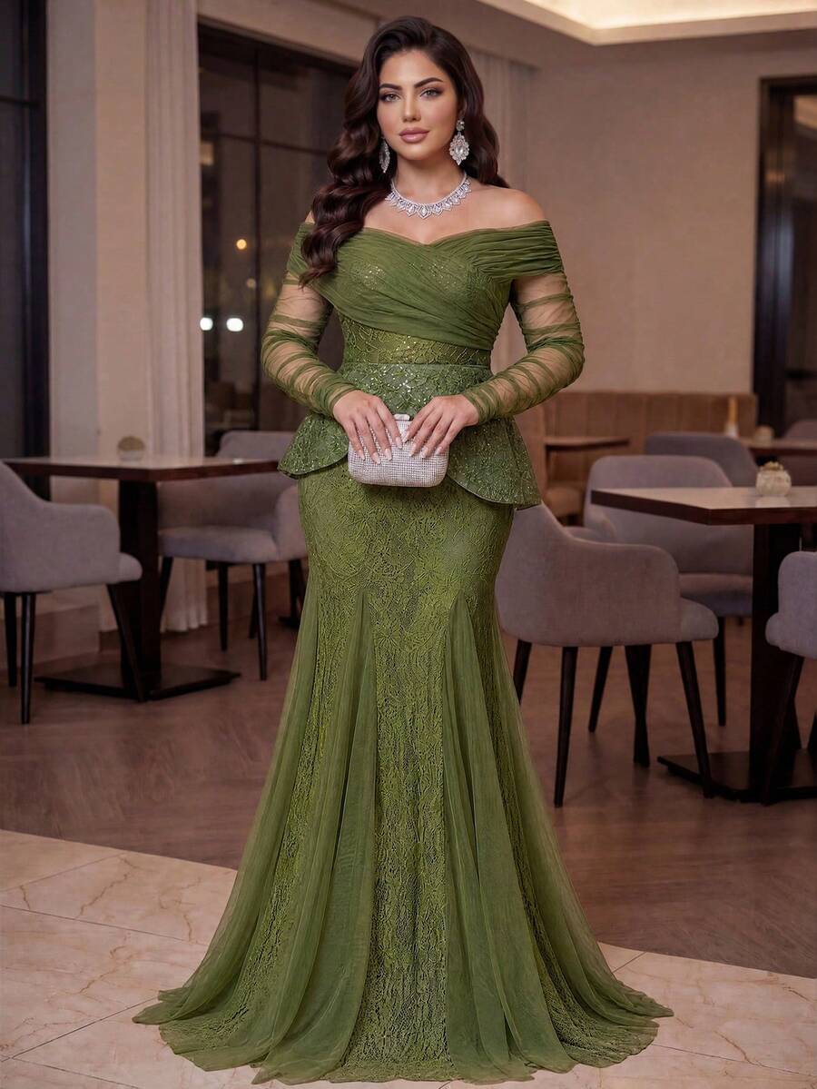 SHEIN Lady CURVE Plus Size Olive Green Winter Elegant Formal Evening Formal Sequin Lace Sheer Off-Shoulder See-Through Sleeve Fishtail Hem Mesh Wedding Gala Party - Army Green - View 1