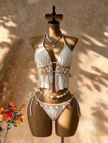 Femesol Women's White Textured Shell Knot Halter Tankini,Boho Summer Bikini Set,Fringe Bathing Suit,Suitable For Holiday,Beach Vacation,Pool Party,Western - Beige - View 5