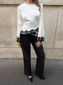 Siren Gaze Blusa Casual Versátil de Uso Diário com Renda, Patchwork e Pregas para Mulheres - Preto e Branco - Visão 8
