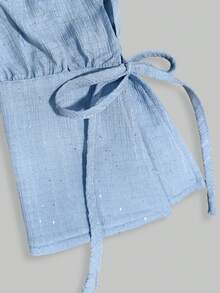 TaskSense Korean Style Soft Light Blue Sequin Pleated Long Sleeve Blouse Wide Leg Shorts Casual Tropical 2-Piece Set Vacation Beach Fall - Blue - View 5
