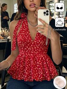 SHEIN Franclia 夏季優雅法式風格女款上衣，內建胸墊，無需穿內衣，波點掛脖設計 - 紅色 - 查看 3
