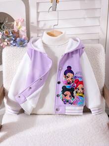 SHEIN 女童紫色長袖連帽卡通角色箔印可愛抓絨內裡外套，秋冬兒童外套 - 紫色 - 查看 8