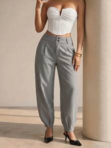 Structelle Women's Spring/Autumn Elegant Casual High-Waist Double-Button Pleated Straight-Leg Tapered Trousers - Black and White - View 6