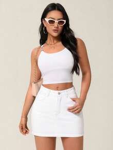 SHEIN ICON Fall Casual White High Waist Button Pocket Stitching Mini Clean Daily Wear Versatile Going Out Denim Skirt For Women - White - View 3