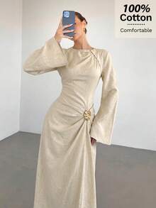 Siren Gaze 女款純色扭結設計前金屬扣飾喇叭袖長袖洋裝，女款婚禮賓客禮服，女款冬季洋裝 - 杏色 - 查看 6