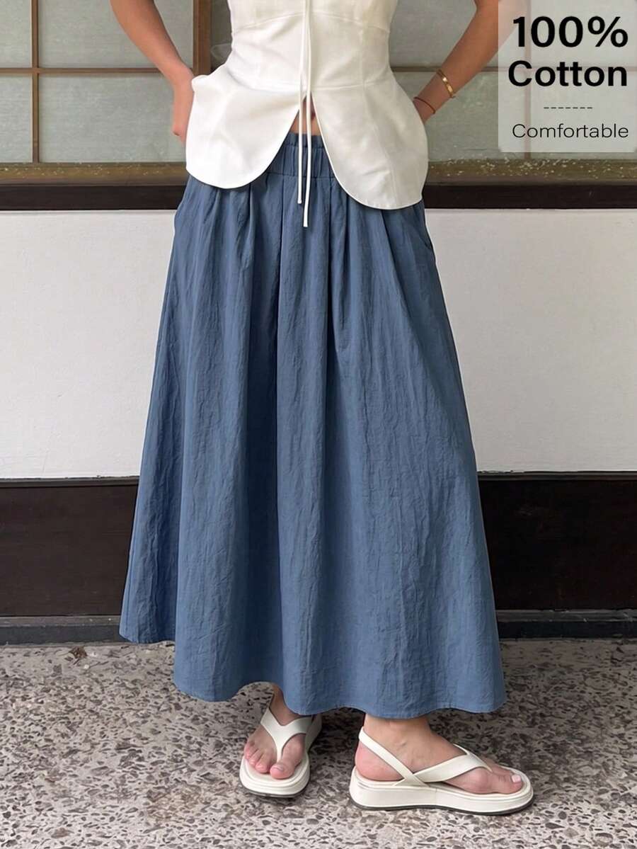 Siren Gaze 夏季女士服装休闲 A 字形亚麻中长裙,适合夏季海滩高腰宽松 - 藍色 - 查看 1