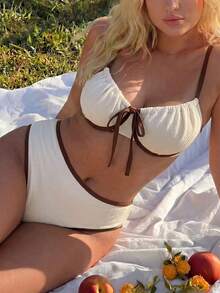 Swim Vcay Plus Size Women 2pcs Soft Padded Steel Wire Trim Design Bowknot Casual Swimwear Set - Beige - View 6