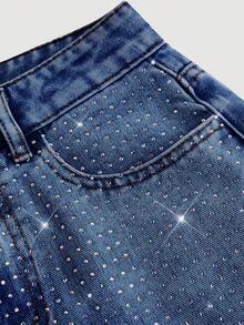 SHEIN MOD 女款時尚百搭街頭風 Y2K 90年代水鑽鈕扣口袋牛仔褲，適合外出、夜生活、派對，藍色，夏季 - 深色水洗藍 - 查看 3
