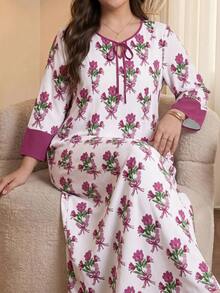 SHEIN Najma 蝴蝶結花束植物印花淺白色大尺碼女款洋裝，小V領繫帶設計寬鬆長洋裝，春夏中長袖優雅洋裝 - 彩色 - 查看 7