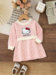 HELLO KITTY AND FRIENDS | SHEIN GraphicGems 女嬰針織毛衣洋裝 3D 毛巾刺繡 粉色波點蝴蝶結設計 舒適柔軟 甜美可愛 生日派對 秋季 - 粉色 - 查看 4