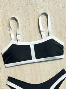 Swim Basics 2件組多色黑白側高衩丁字褲比基尼套裝，夏季海灘度假女款泳衣 - 黑與白 - 查看 3