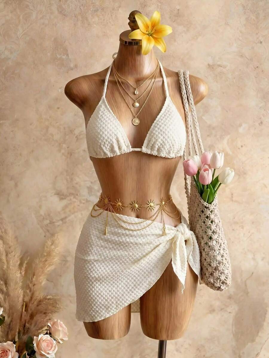 Mistrie Conjunto de Bikini Triángulo con Halter y Falda de Playa para Vacaciones de Verano - Albaricoque - Ver 1