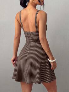 SHEIN Holidaya Women's V-Neck Knit Ruched Waist A-Line Sexy Elegant Spaghetti Strap Short Dress - Rust Brown - View 2