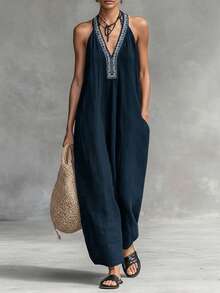 SHEIN Franclia Damen Marineblau V-Ausschnitt Bedruckter Ärmellos Jumpsuit Bohemian Stil Weite Hose Für Strandurlaub - marineblau - Übersicht 1