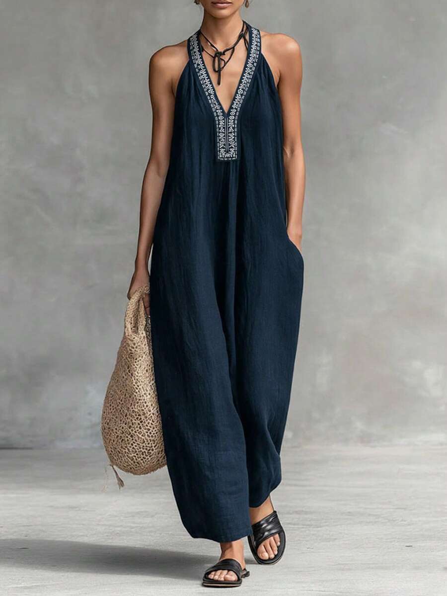 SHEIN Franclia Damen Marineblau V-Ausschnitt Bedruckter Ärmellos Jumpsuit Bohemian Stil Weite Hose Für Strandurlaub - marineblau - Übersicht 1