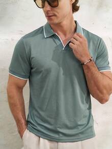 TONEVAULT Men's Colorblock Casual Commute Short Sleeve Polo Shirt - Olive Green - View 5