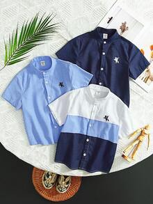 SHEIN 3pcs Young Boy Printed Stand Collar Short Sleeve Shirt Set - Multicolor - View 3