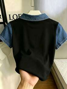 Franclia 女款假牛仔拼接 Polo 領 V 領修身短袖 T-shirt 黑色休閒基本款 - 彩色 - 查看 2