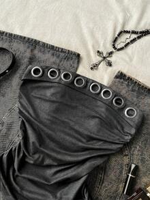 Attitoon Women's Summer Casual Metal Eyelet Decor Side Drawstring Bandeau Top,Summer Top - Dark Grey - View 2