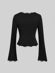 Sweetra Fashion Square Neck Contrast Lace Flared Long Sleeve Elastic Knit Top T-Shirt Fall - Multicolor - View 12